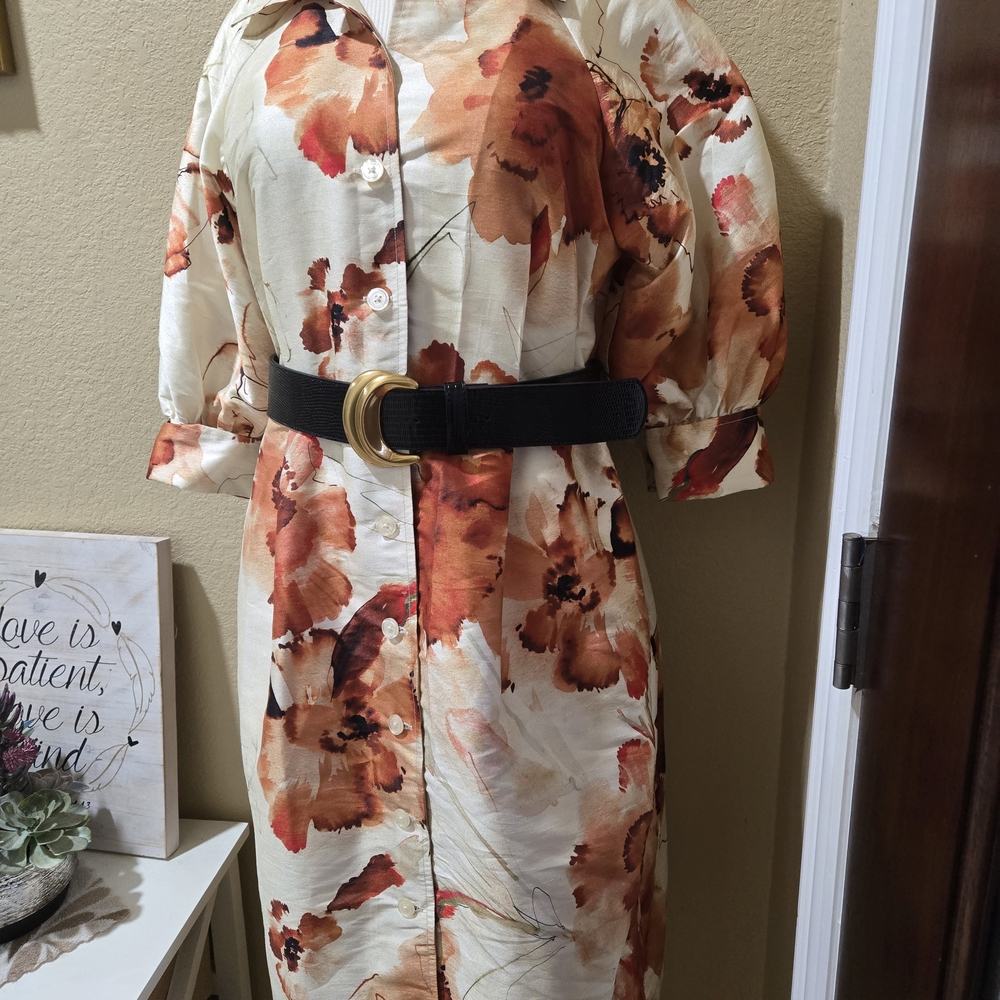 Donna Karan Cream Midi Shirt Dress with Orange Floral Print and Black Belt